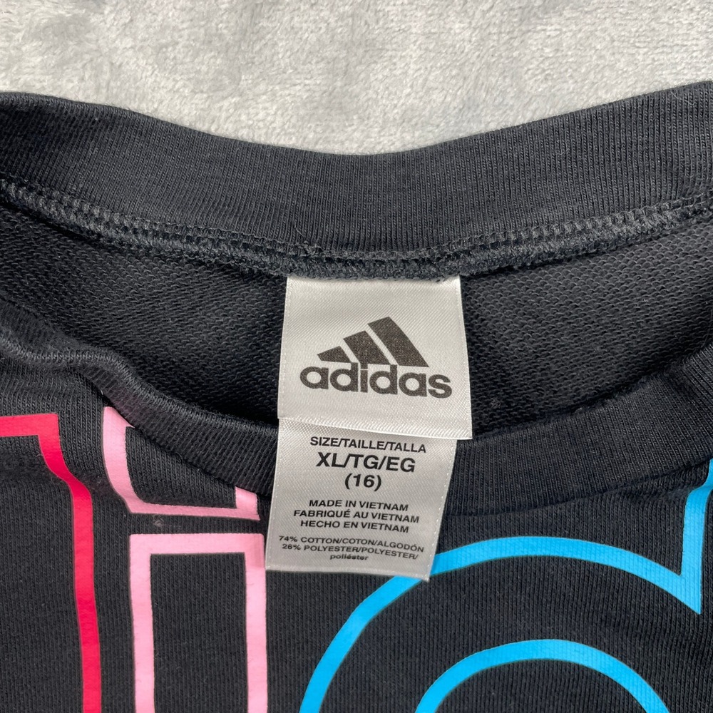 Adidas Black Short Sleeve Sweatshirt Girls Rainbow Logo XL 16 - Picture 4 of 6